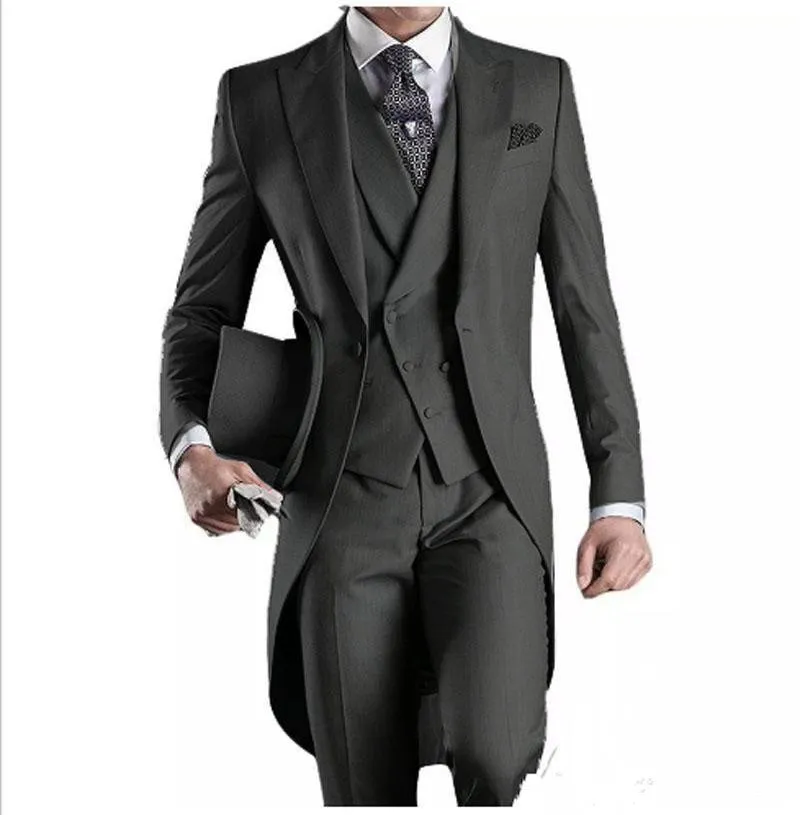 Niestandardowe Tuxedos Groomsmen Morning Style Best Man Peak Peak Lapel Groomsman Męskie garnitury ślubne (kurtka+spodnie+krawat+kamizelka)