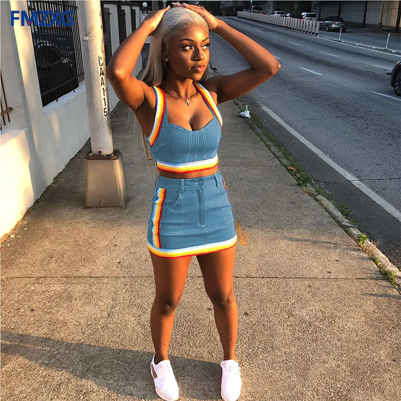 Sexy Women 2 Two Piece Set Summer Denim Skirt Set Sleeveless Jeans Crop Top + Mini Skirt Suit Blue Denim Matching Set Outfit OL V200325