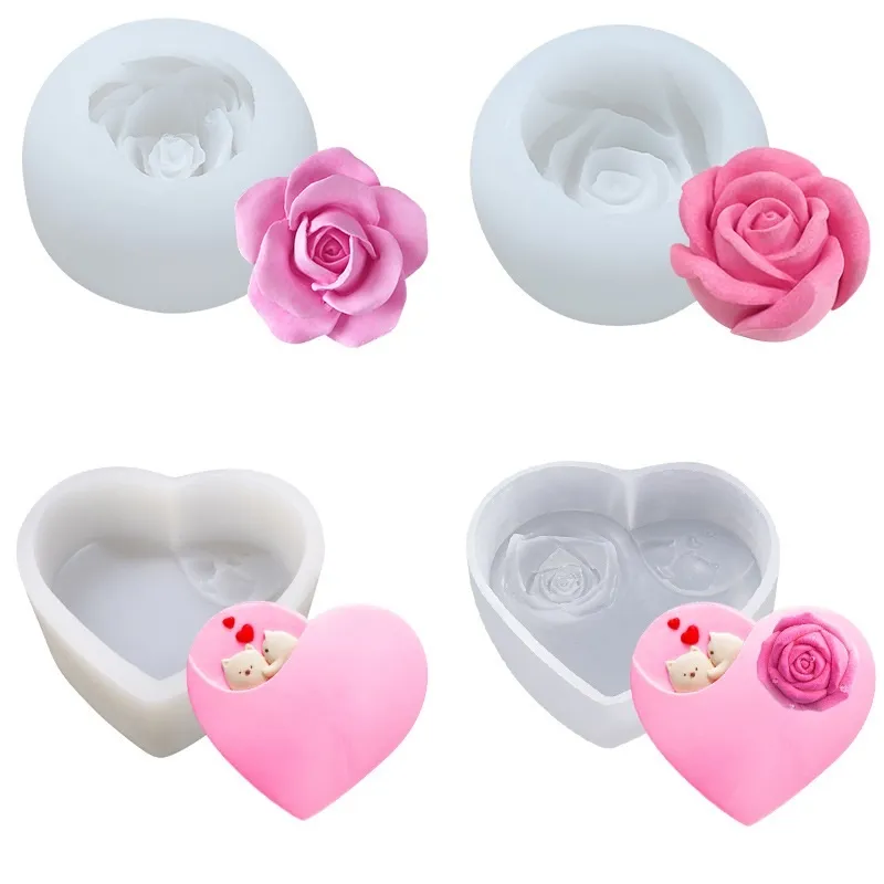 Flower Silicone Mold rosa Mousse Mousse Bolo Molde de Gelo Esfera Heart Soap Candle Fazer ferramenta