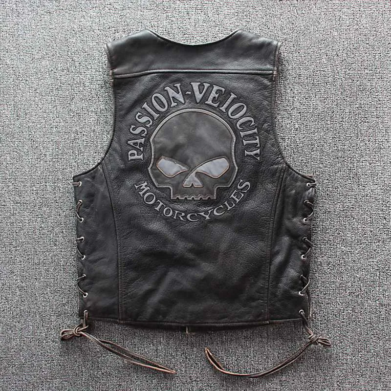 Plus Size Genuine Cowhide Leather Motorcycle Vest for Men Black Vintage Skull Biker Waistcoat