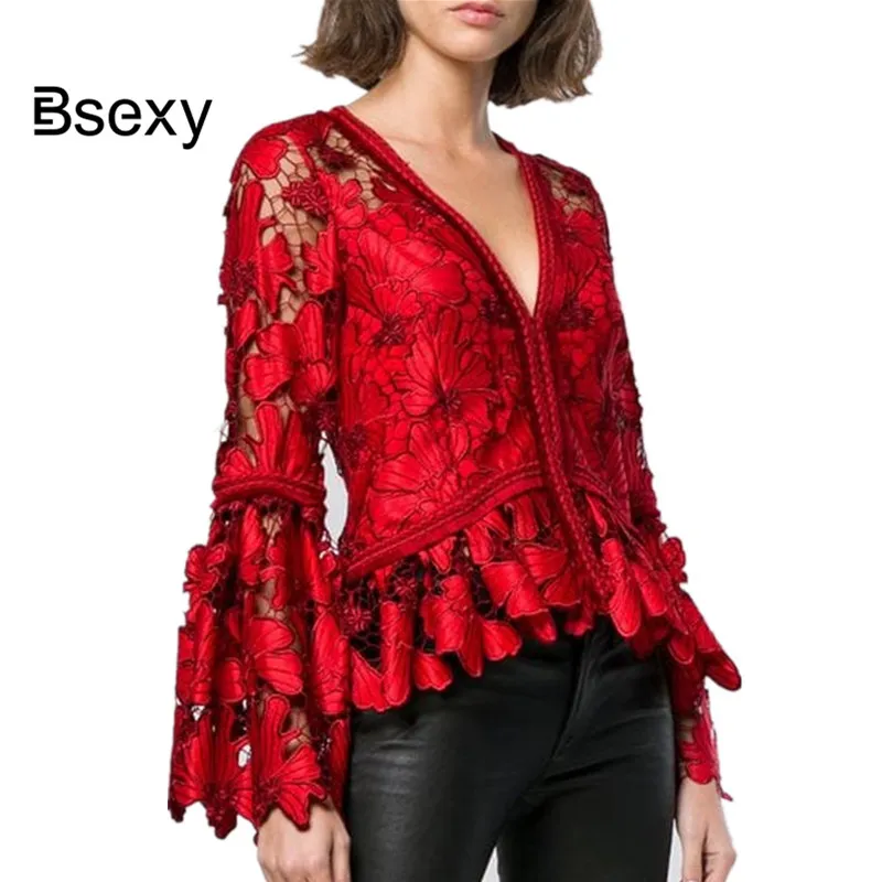 Blusas de las mujeres Camisas Blusa de las mujeres de alta calidad 2021 Primavera Año Camisa roja en V Cuello Hollow Out Flote Sleeve Lace Lace Tops Tops