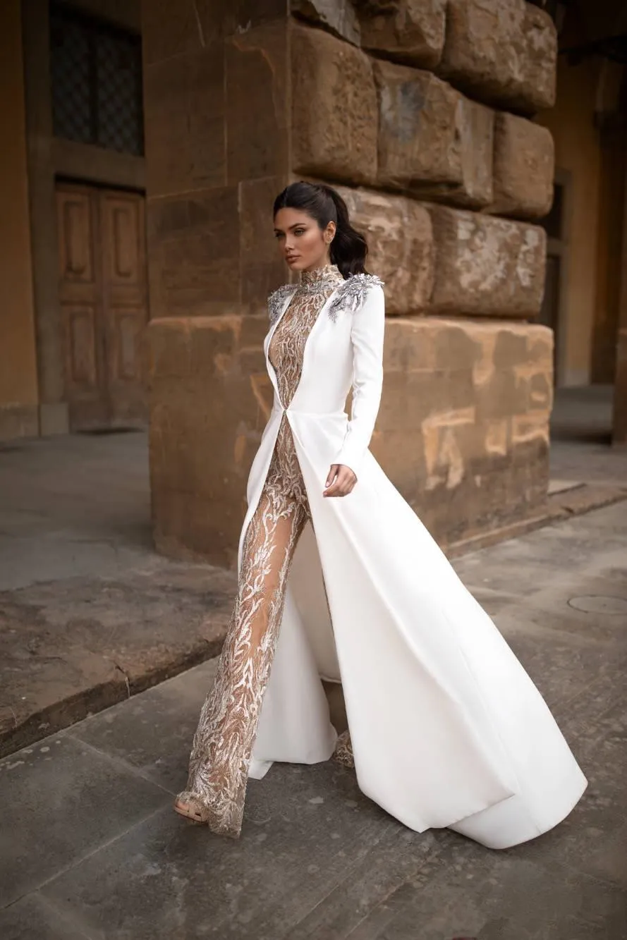 Modest Jumpsuits Beach Wedding Dresses With Jacket High Neck Full Lace Princess Garden Plus Size Boho Satin Wedding Dress Bridal Gown