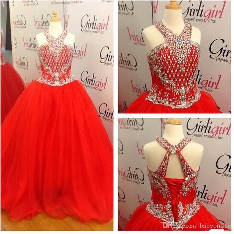 Red Little Girls Pageant Suknie Kryształy Koraliki Tulle Kwiat Dziewczyny Dress Na ślub Lace-up Back Boże Narodzenie Księżniczka Dzieci Vestido Daminha