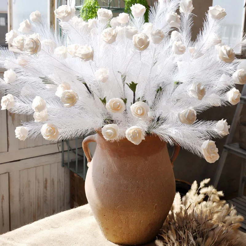 Blanc fleur artificielle plume Rose PE mousse Bouquet Style européen mariage route plomb faux fleur fête décoration de bureau