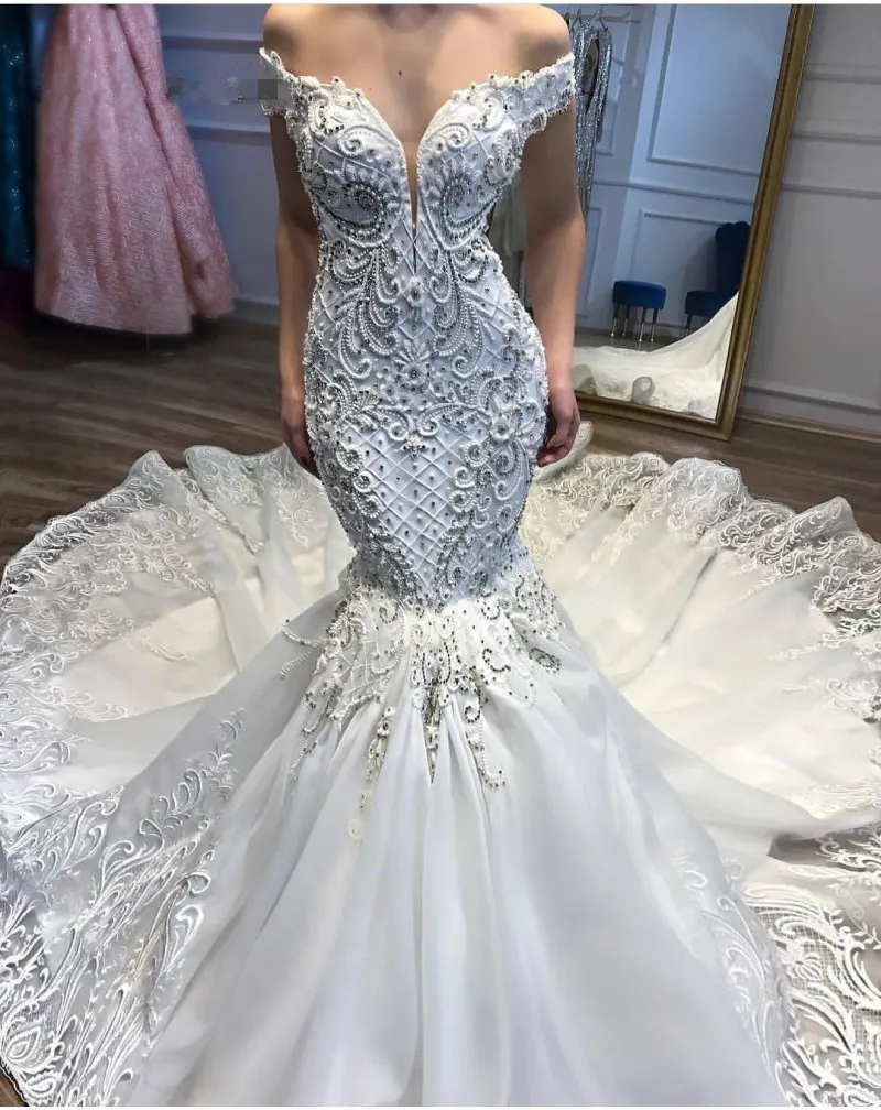 Off-Shoulder Mermaid Mermaid Lace Wedding Dress with Beaded Court Train and Tulle Net Lace - Exquisite Handwork