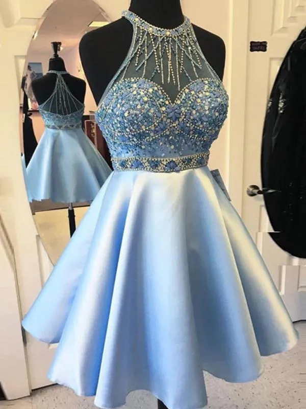 Cuello de joya Sin mangas A-Line Azul Vestidos cortos Vestidos Rhinestones Beading Formal HomeComing Dress Cuello de joya Sin mangas A-Line Azul Vestidos cortos Vestidos Rhinestones Beading Formal HomeComing Dress