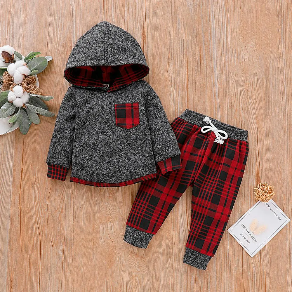 여자 의류 유아 유아 아기 소녀 용 의류 긴 소매 격자 무늬 후드 스웨터는 바지 의상 세트 탑 설정