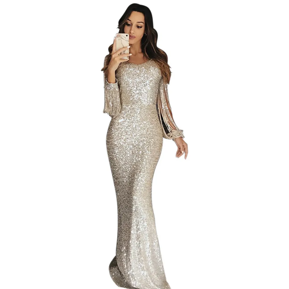 gold sequin long sleeve maxi dress Galaxy | Champagne Sequin Turtle-Neck Long-Sleeve Maxi Dress