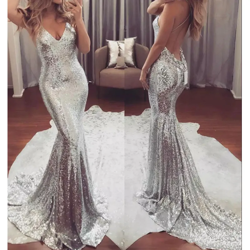 Silver Bling Sequined Mermaid Prom Dresses 2021 V Neck Spaghetti Strap Sexig Backless Evening Dresses Party Gowns Semester Gratis Frakt