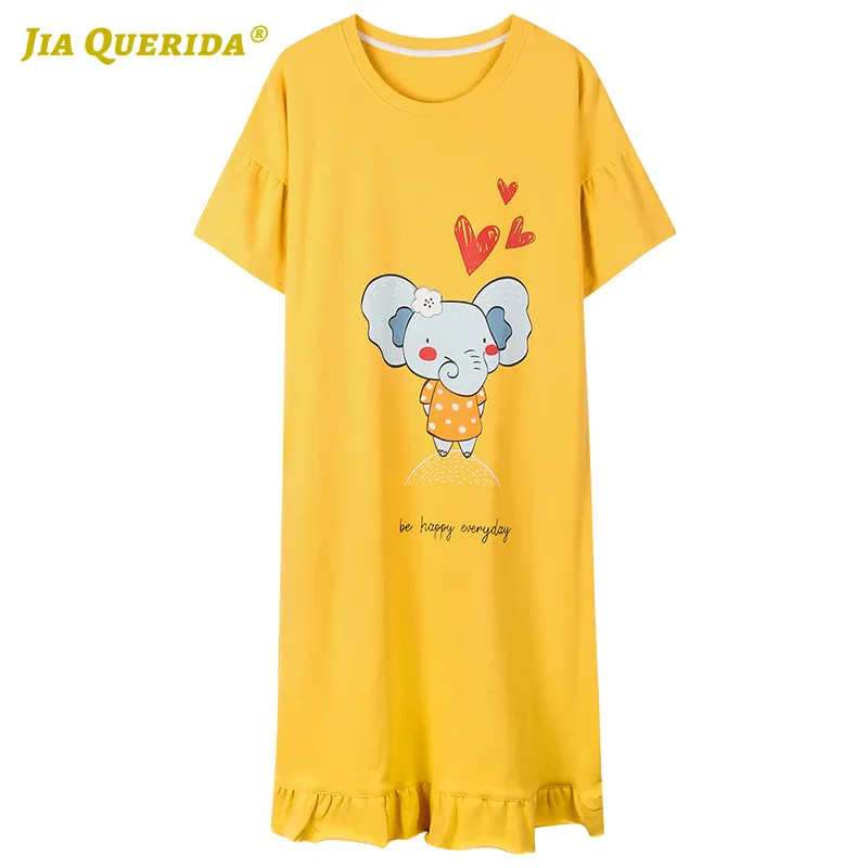 Women's Sleepwear Woman Clothes Yellow Crew Neck Fashion Style Casual Night Gown Sleep Dress Short Sleeve Cartoon Printing Home