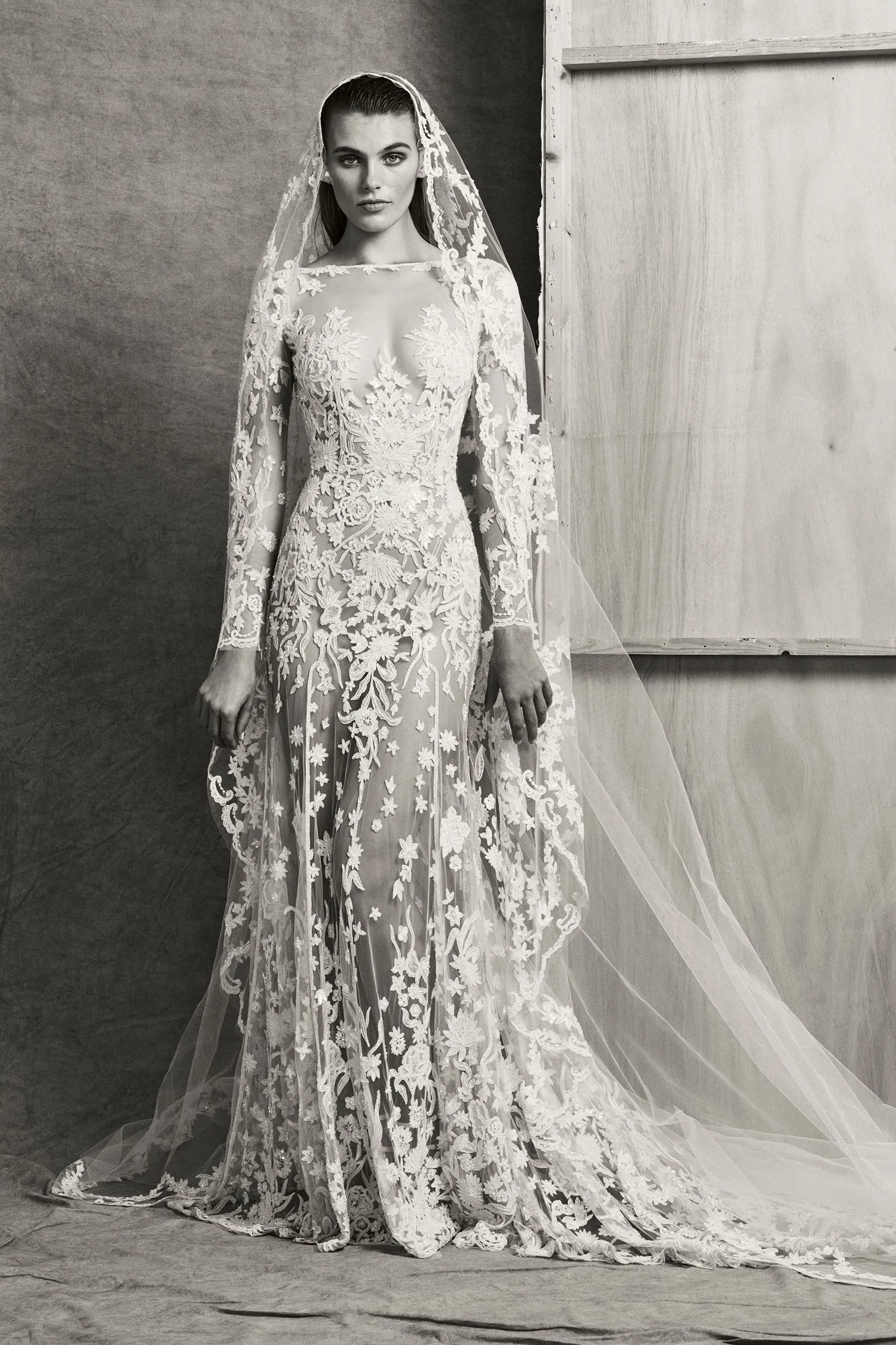 Zuhair Murad Mermaid twilight wedding dress with Lace Applique, Sequins, Long Sleeves, and Sweep Train - Plus Size Bridal Gown Zuhair Murad Mermaid twilight wedding dress with Lace Applique, Sequins, Long Sleeves, and Sweep Train - Plus Size Bridal Gown
