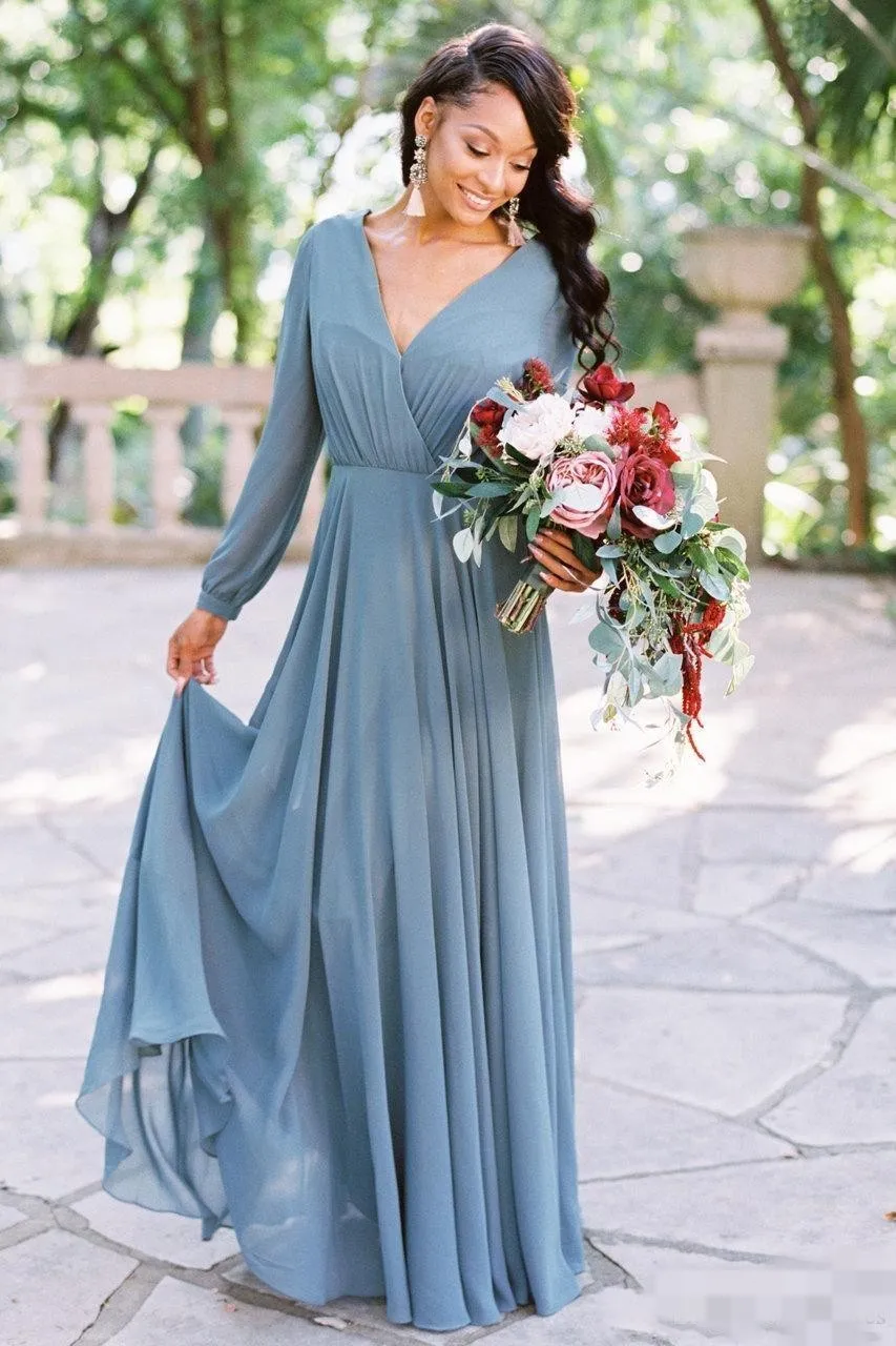 Bride with Bridesmaids in Dusty Blue Bridesmaid Dresses | Blue themed  wedding, Dusty blue bridesmaid dresses, Blue bridesmaid dresses
