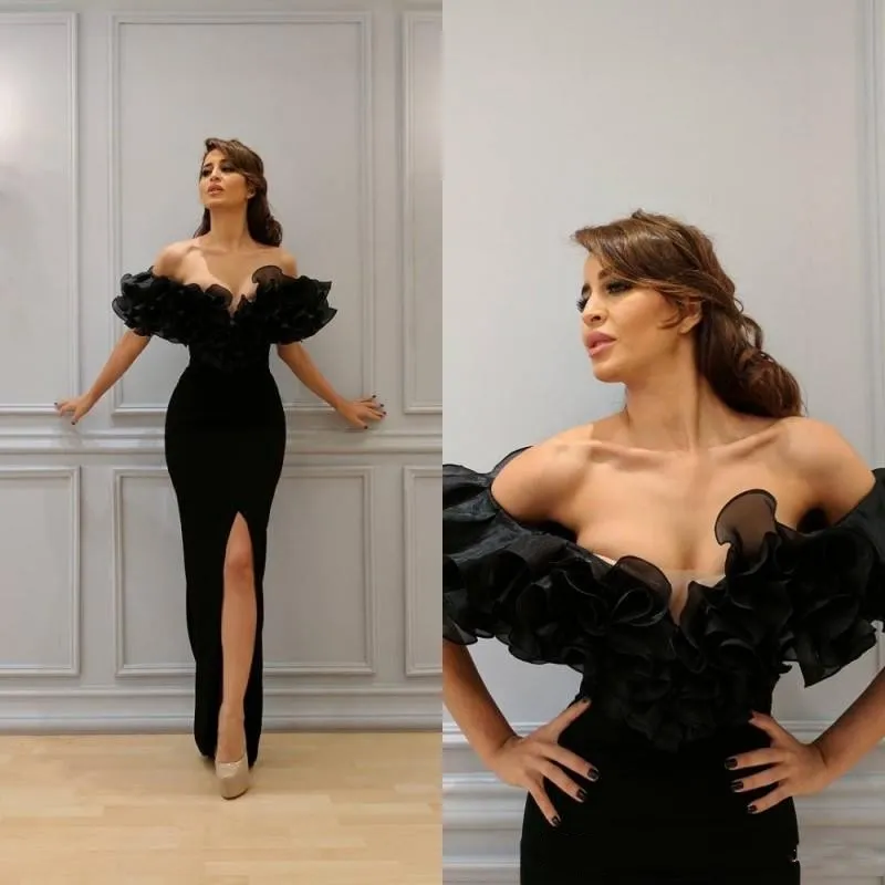 2020 Arabic Dubai Mermaid Black Evening Dresses Wear Off Shoulder Cap Sleeves Ruched Side Split Plus Size Long Formal Prom Party Gown Custom