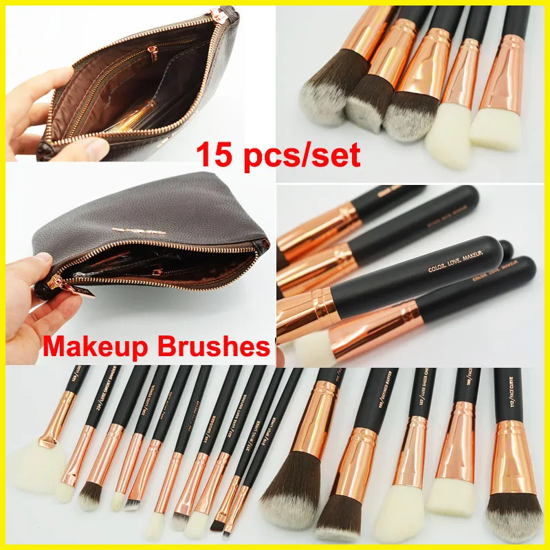 Set di pennelli per trucco in oro rosa 15 pezzi Color Love Makeup Tool Kit di pennelli per viso e occhi con borsa Ombretto Eyeliner Fondotinta in polvere Pennello per fard