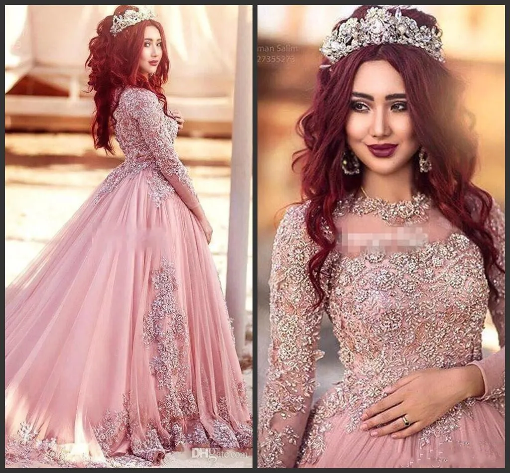 Långärmade kvällsklänningar Prinsessan Muslim Beaded Illusion Puffy Court Train Prom Red Carpet Gowns Custom Vestidos defiesta