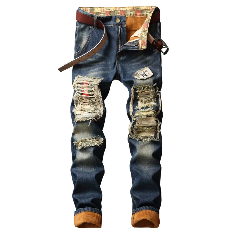 Mens Denim Hole de Alta Qualidade Rasgado Jeans para Homens Tamanho Outono Inverno Plus Velvet Hip Hop Punk Streetwear