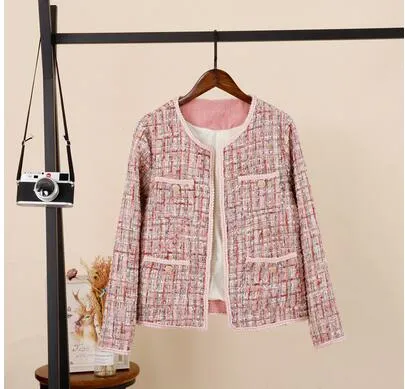 Frühling neue design frauen rosa farbe o-ansatz langarm tweed wollene kurze mantel jacke casacos plus größe S M L