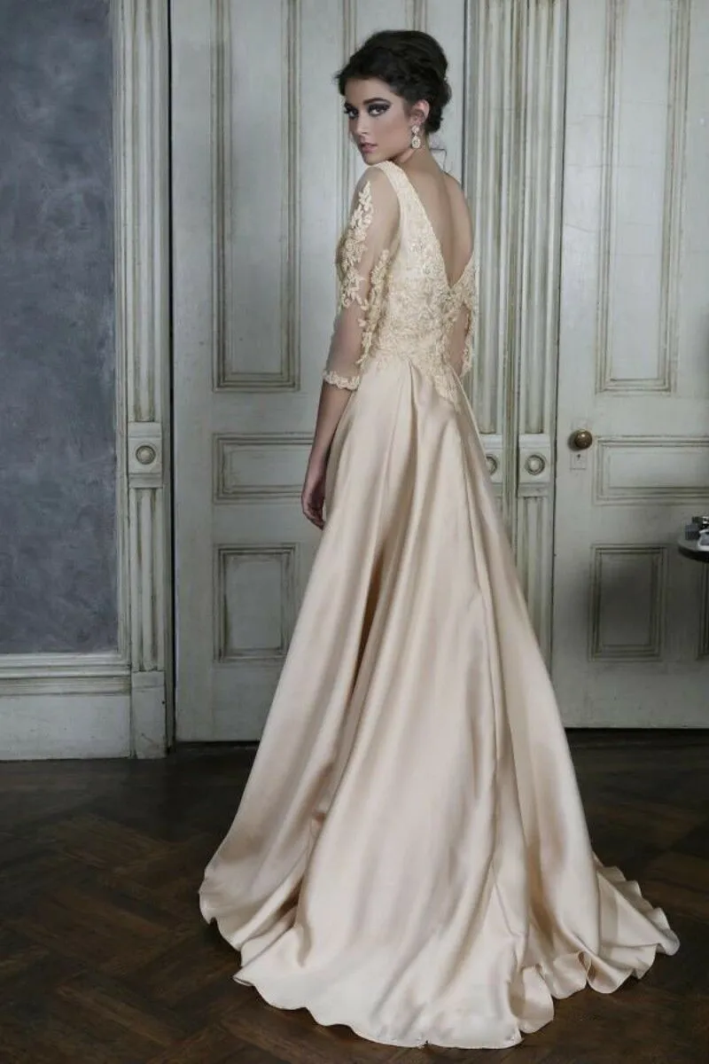 Mother of the Groom Formal Gown Champagne V-Neck Back Zipper Lace Satin  Dress with 3/4 Sleeve from Dhgate Mother's Dresses - price 120.21