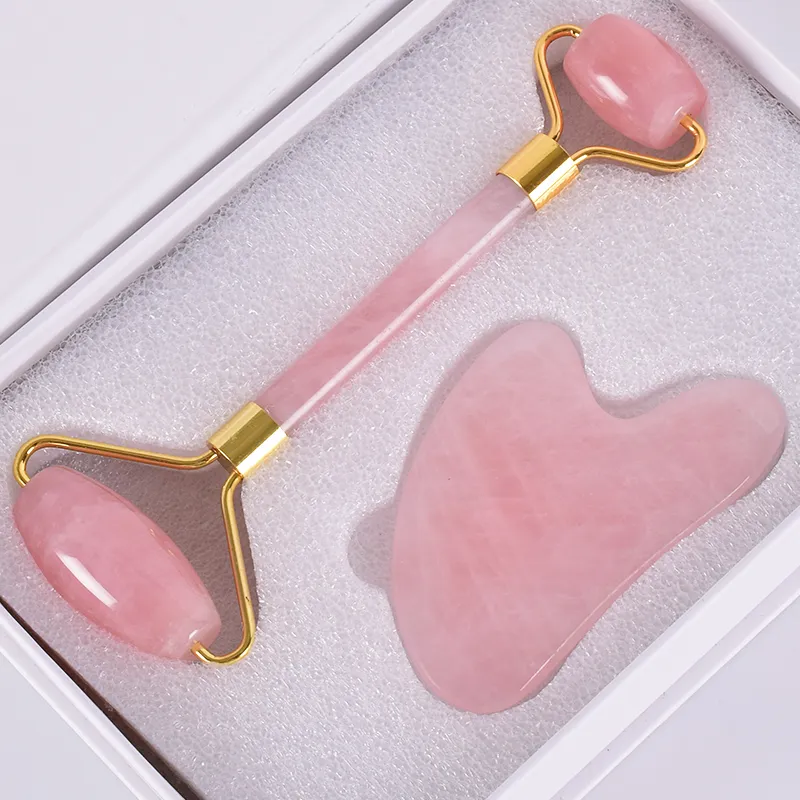 Slimming Face Massager Liftverktyg Rose Quartz Roller Naturlig Jade Facial Massage Roller Stone Hud Massage Skönhetsvård Set