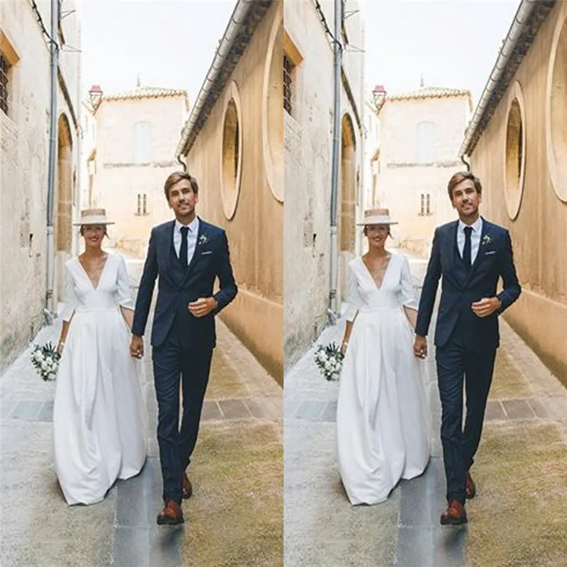 Pure White Aloine V-Neck Sukienka ślubna z Pół Rękawami Suknie Ślubne Bridal Cusstom Made Hot Sprzedaż