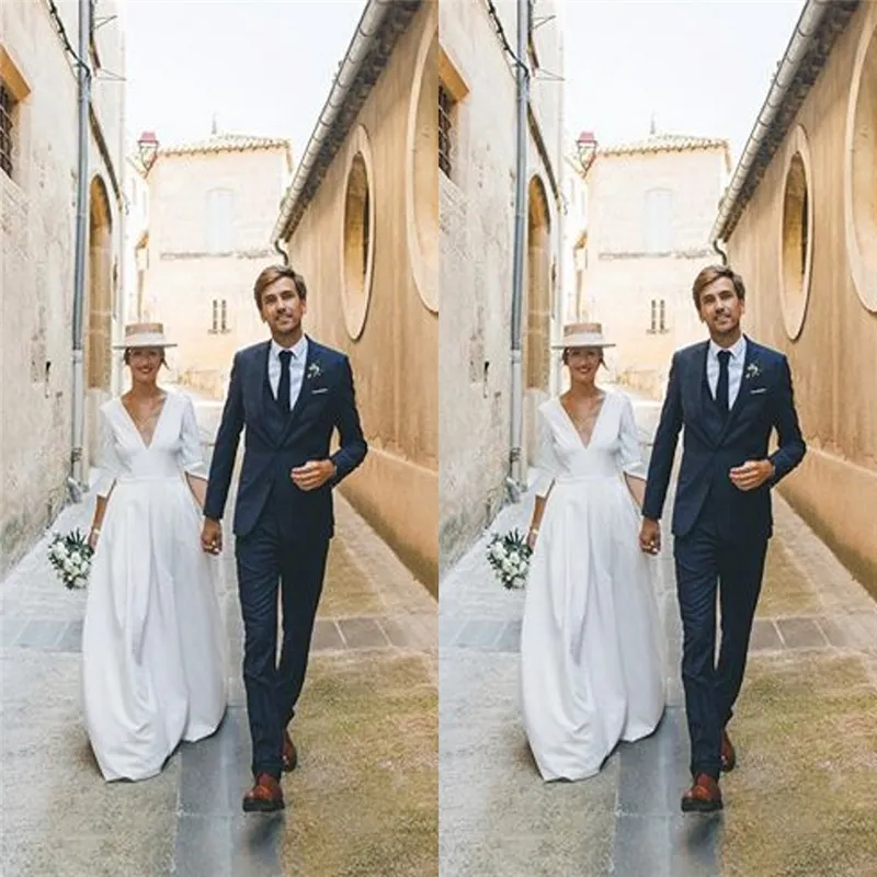 Vestido de novia blanco puro Aline con cuello en V y media manga Vestidos de novia hechos a medida Ventas calientes