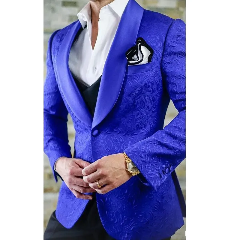 Bir Düğme Kraliyet Mavi Paisley Örgün Düğün Erkekler Takım Elbise Şal Yaka Yeni Üç Adet Iş Damat Smokin (Ceket + Pantolon + Yelek + Kravat) W935