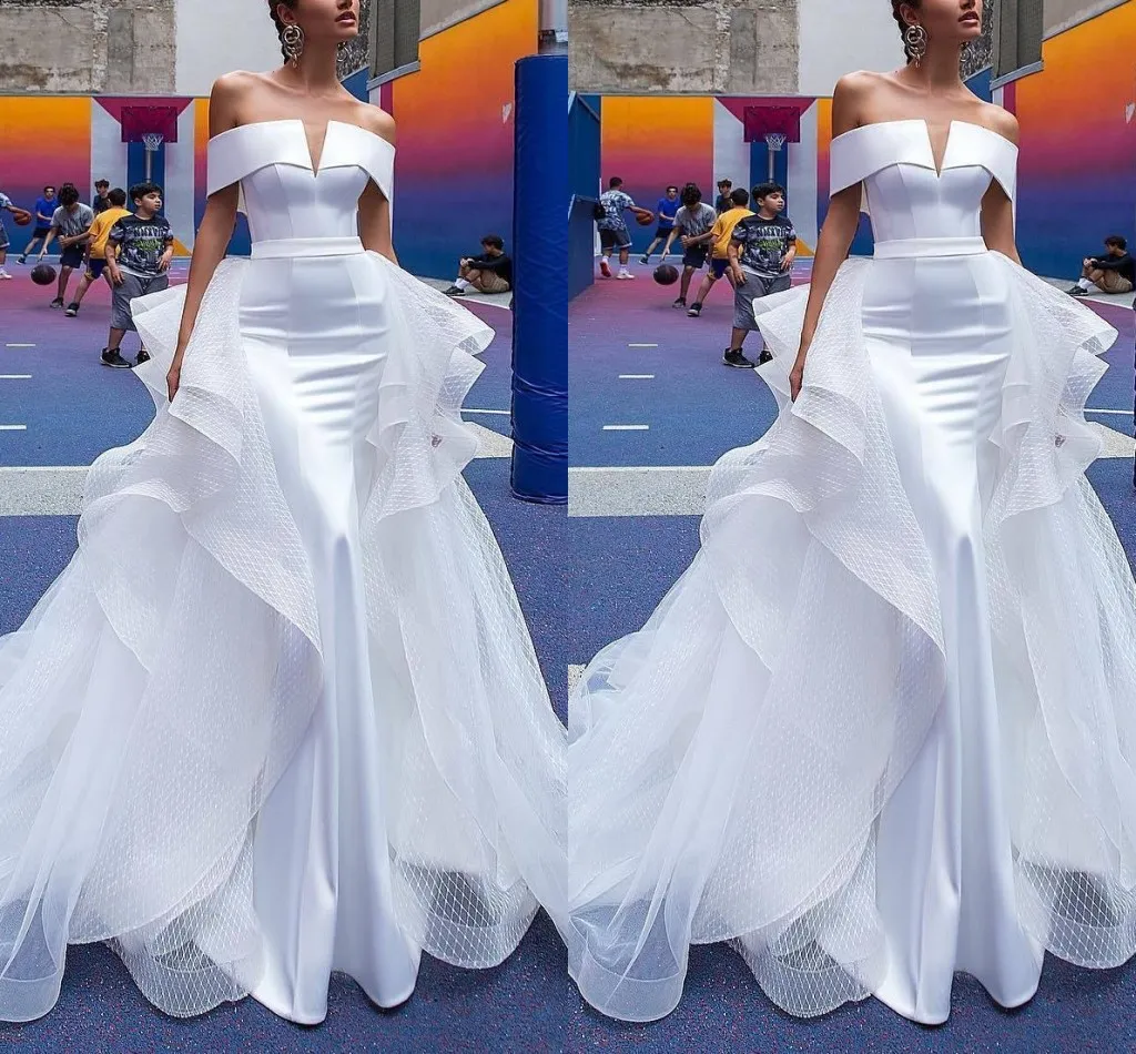 2022 Berta Mermaid Wedding Dresses Detachable Train Off The Shoulder Short Sleeve Pleats Open Back Beach Wedding Dress Bridal Gowns Custom