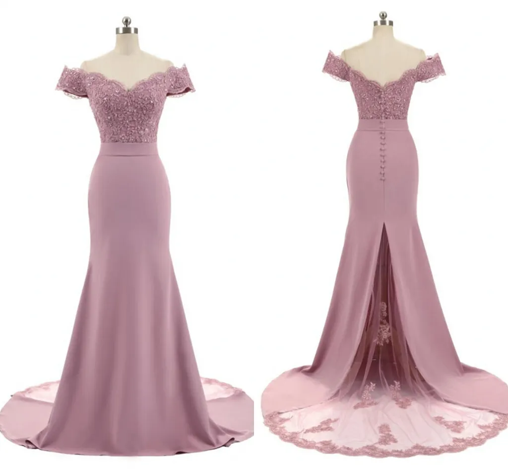 2020 Nieuwe Collectie Roze V-hals Off De Schouder Vintage Kant Applicaties Beaded Mermaid Bruidsmeisjes Jurken Feestjurken Vestido de Festa