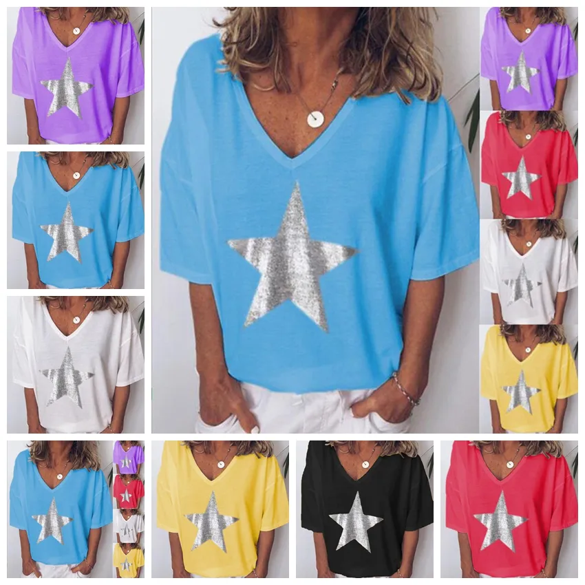 2021 Europäisches einfarbiges fünfzackiges Sternkopf-Kurzarm-T-Shirt mit V-Ausschnitt in Schwarz, Lila, Rot, Gelb, Weiß, Blau, gemischte Charge