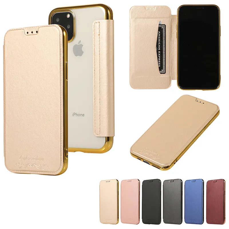 Caja de la carpeta del tirón Galvanoplastia Chapado de TPU cubierta de cuero con ranura para tarjeta para iPhone 11 Pro Max XS XR X 8 7 6 Plus Samsung Galaxy S10 E