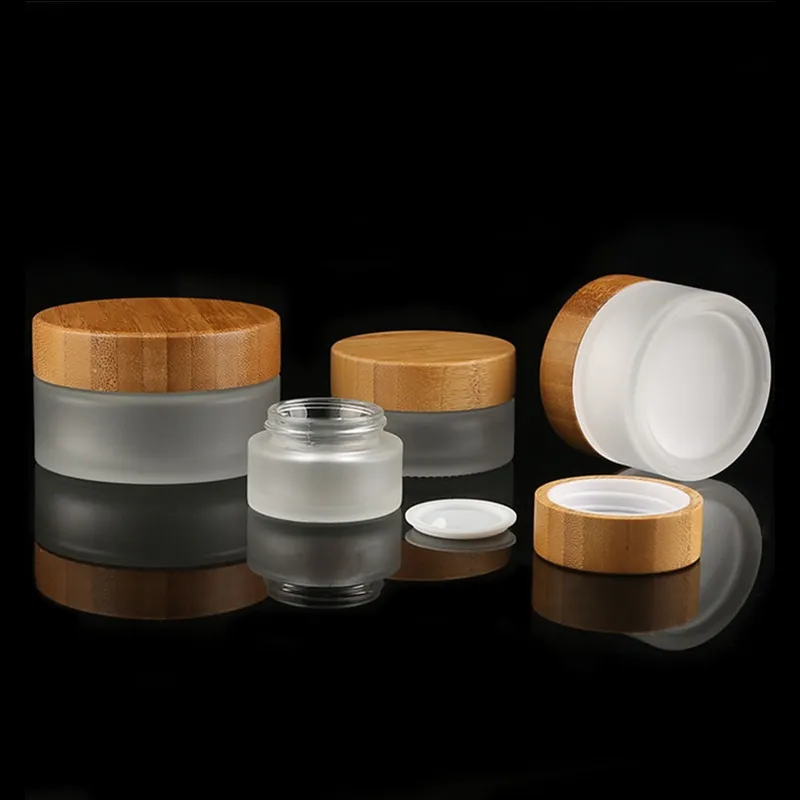 Frosted Glass Cosmetic Słoiki Ręcznie / twarz / Butelki Kremowe Rozmiar Travel 20g 30g 50g 100g Z Natural Bamboo Cap PP Inner Cover