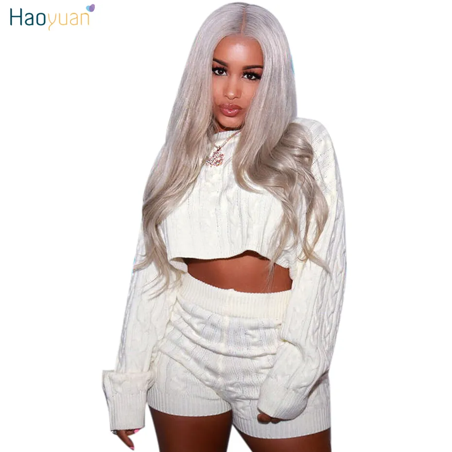 HAOYUAN 2018 Autumn Winter Women Two Piece Set Sexy Club Outfits Sweater Top And Biker Shorts Knitted Suit Clothes Matching Sets