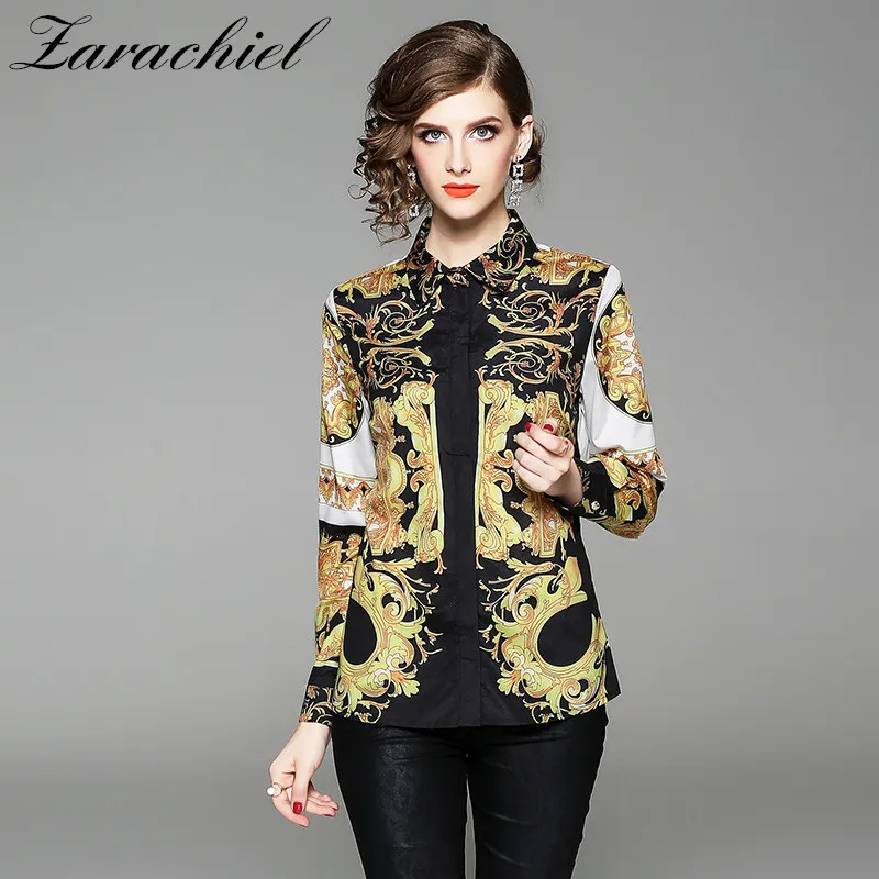 Nouveau 2019 Automne Femmes Hauts Et Blouses À Manches Longues Motif Baroque Imprimé Chemisier En Mousseline De Soie Ol Vêtements De Travail Blusas Dames Chemise De Bureau J190618