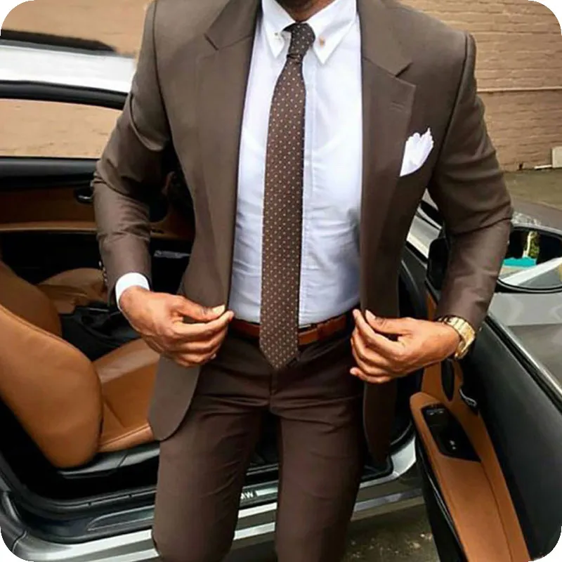 Mannen Past Brown Blazer Business Wedding Suits Bruidegom Slanke Fit Custom Made Kostuum Op maat gemaakte smoking Tuxedos Formele Beste Man Prom Jacket + Pants