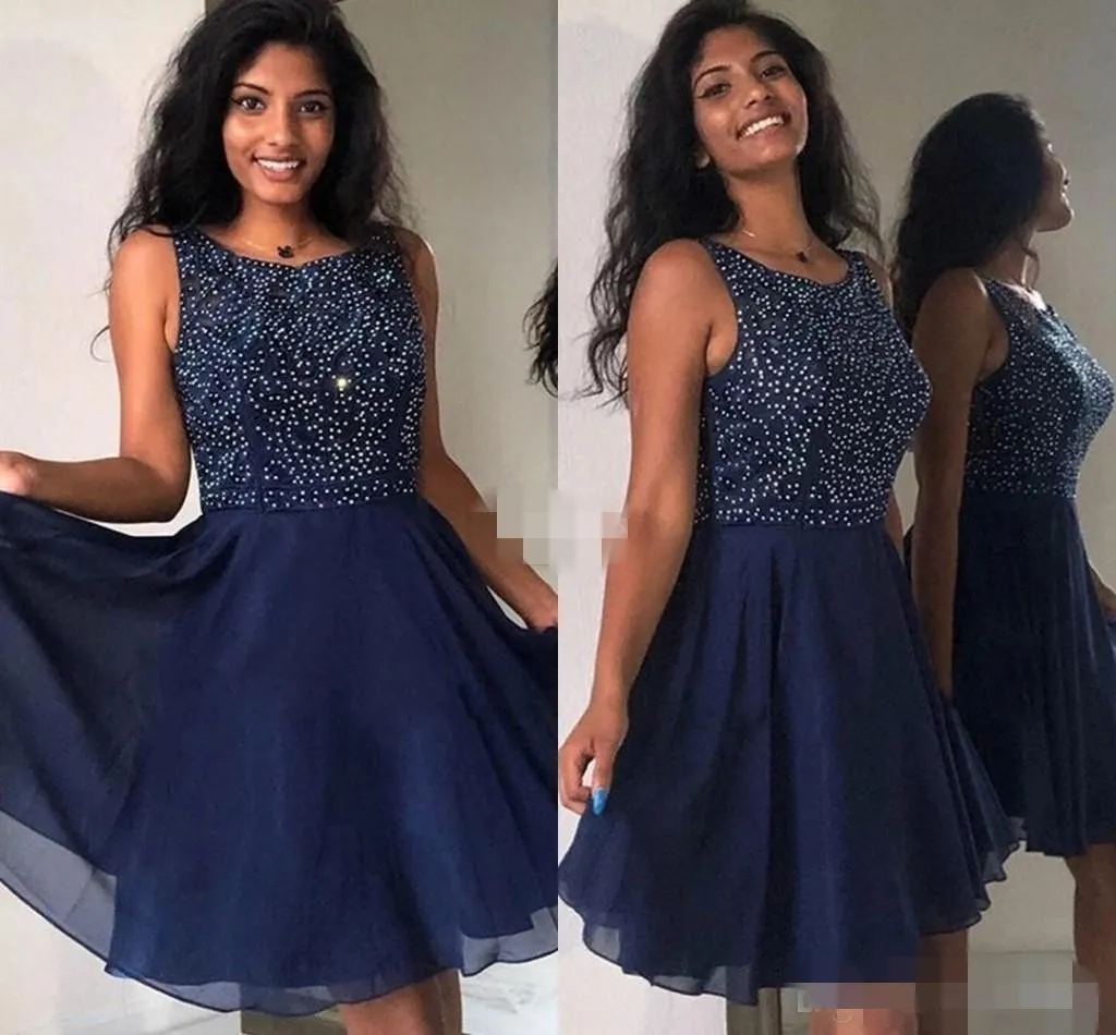 Navy Blue Homecoming Dresses Chiffon Beaded Short Mini Straps Sleeves Tail Party Formal Wear Graduation Evening Gowns Custom Made
