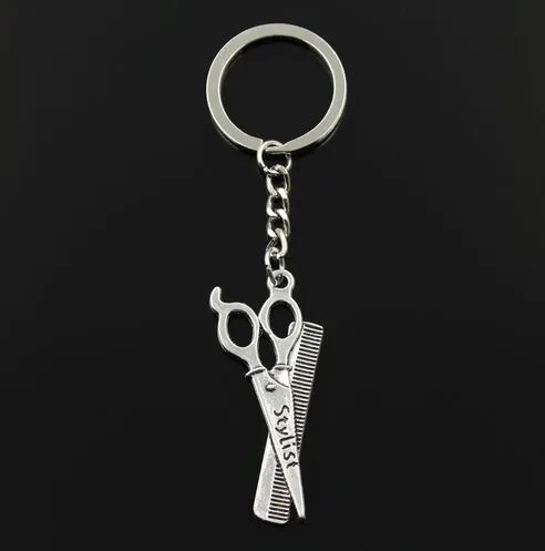 20 pz/lotto Portachiavi Portachiavi Gioielli Argento Placcato Scissor pettine stilista Pendenti e Ciondoli pendente per accessori Chiave 24x17mm