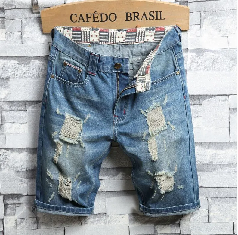 Mens Ripped Denim Shorts Jeans Vintage Fashion Designer Washed Knee Length Summer Hip Hop Short pants Trousers