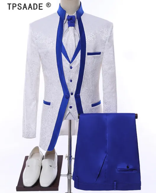 Biały Royal Blue Rim Stage Odzież Dla Mężczyzn Kombinezon Zestaw Mężczyzna Garnitury Ślubne Kostium Groom Tuxedo Formalne (Kurtka + Spodnie + Kamizelka + Krawat)