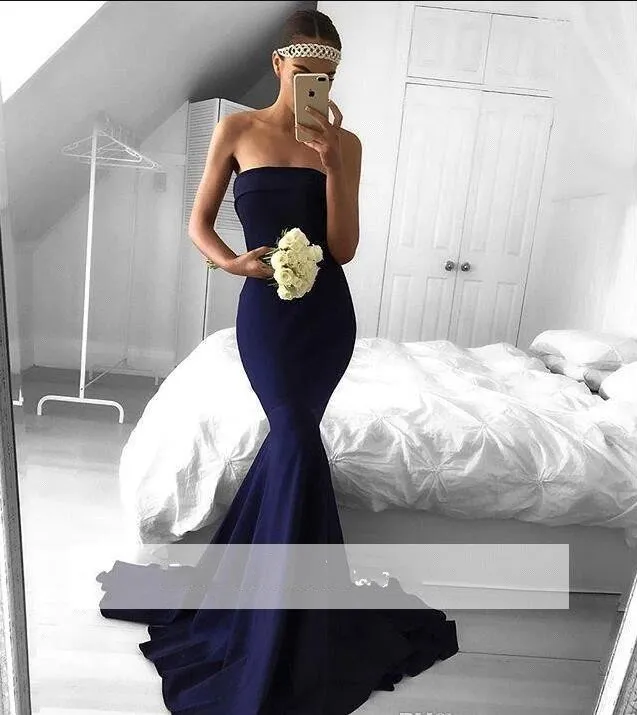 Navy Blue Mermaid Strapless Mermaid Prom Dress 2019 Strapless Sheath ...