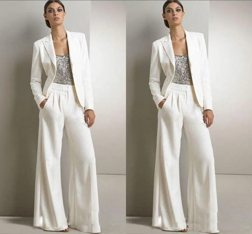 Bling Sequins White Pants Suits Mother Of The Bride Dresses Formal Chiffon Tuxedos Women Party Wear