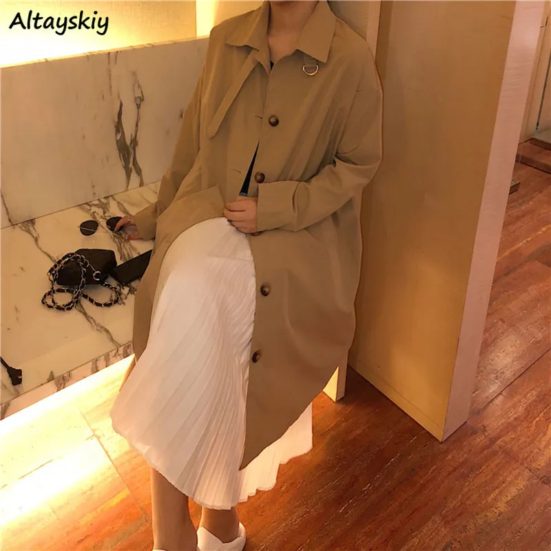 Long Trench Kvinnor Vår Höst Outwear Womens Solid Elegant Single Breasted Fickor Casual Streetwear Females Coat All-Match