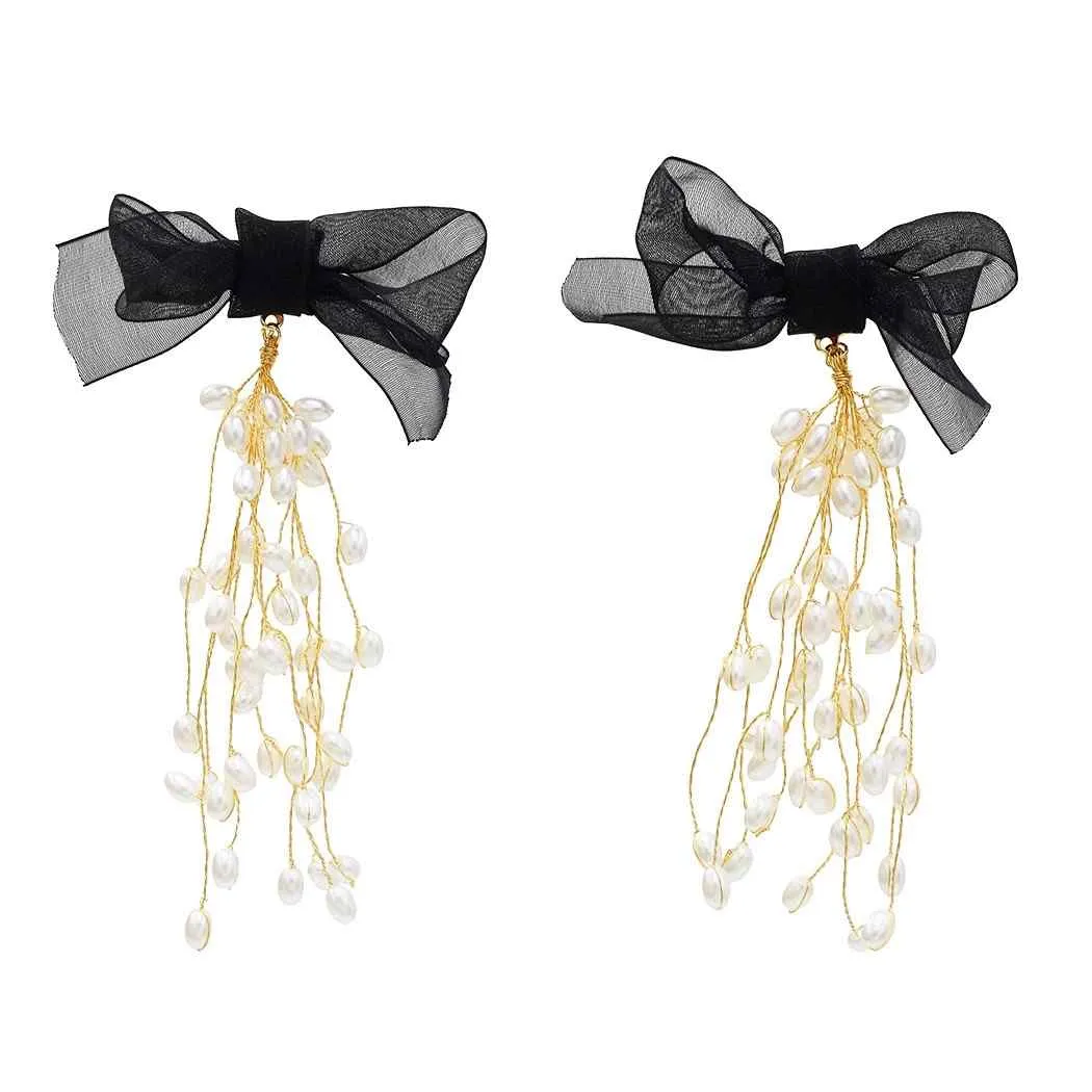 Elegant svart Bowknot Long Tassel Pearl Earring Bridal Bröllop Charm Drop Earrings Party Smycken