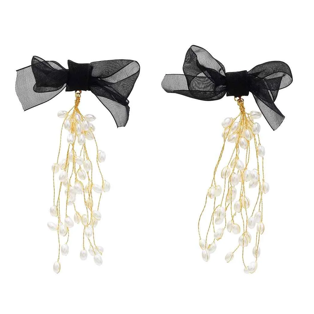 Elegant Black Bowknot Long Tassel Pearl Earring Bridal Wedding Charm Drop Earrings Party Jewelry