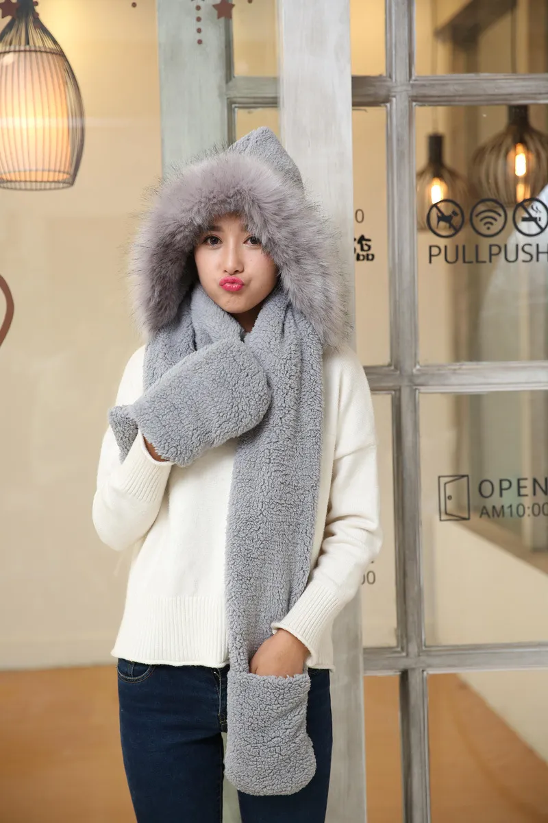 Winter Thickened Plush Conjoined Scarf And Winter Gloves For Women