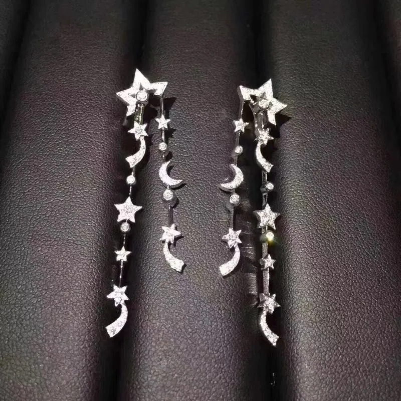 Fashion- Classic S925 Sterling Silver Full Crystal Hollow Star Chain Tassel Charm Drop Dangle Earrings For Women Jewelry