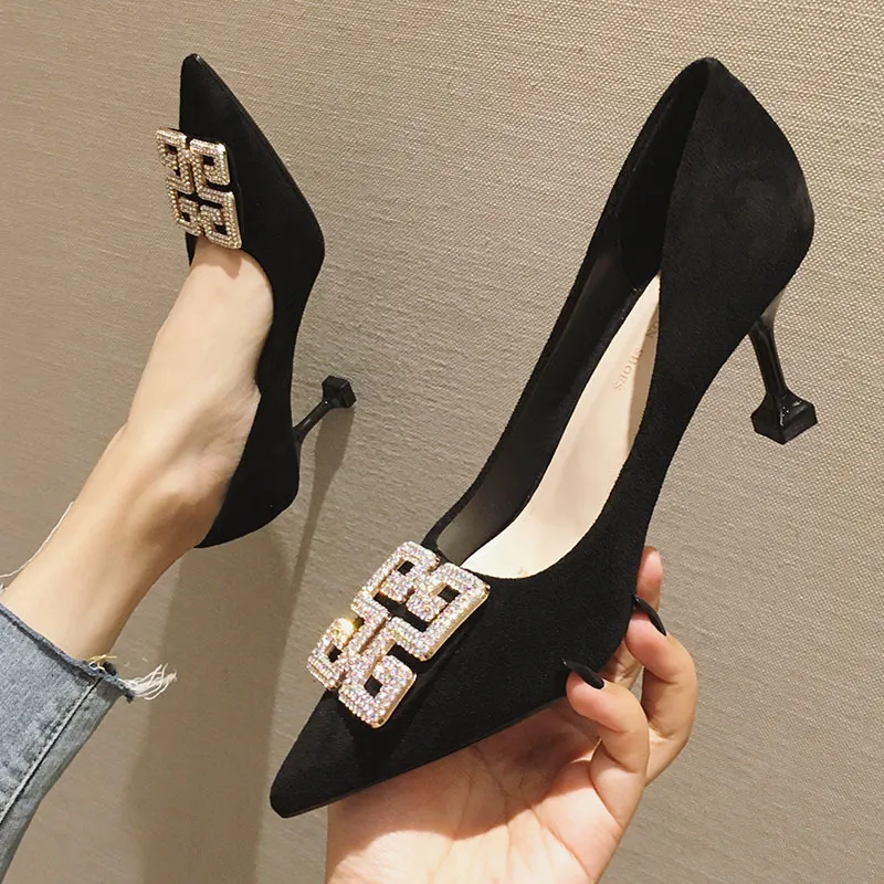 2020 spring and autumn new fashion wild girl high heels women's fine heel shallow mouth diamond pointed shoes