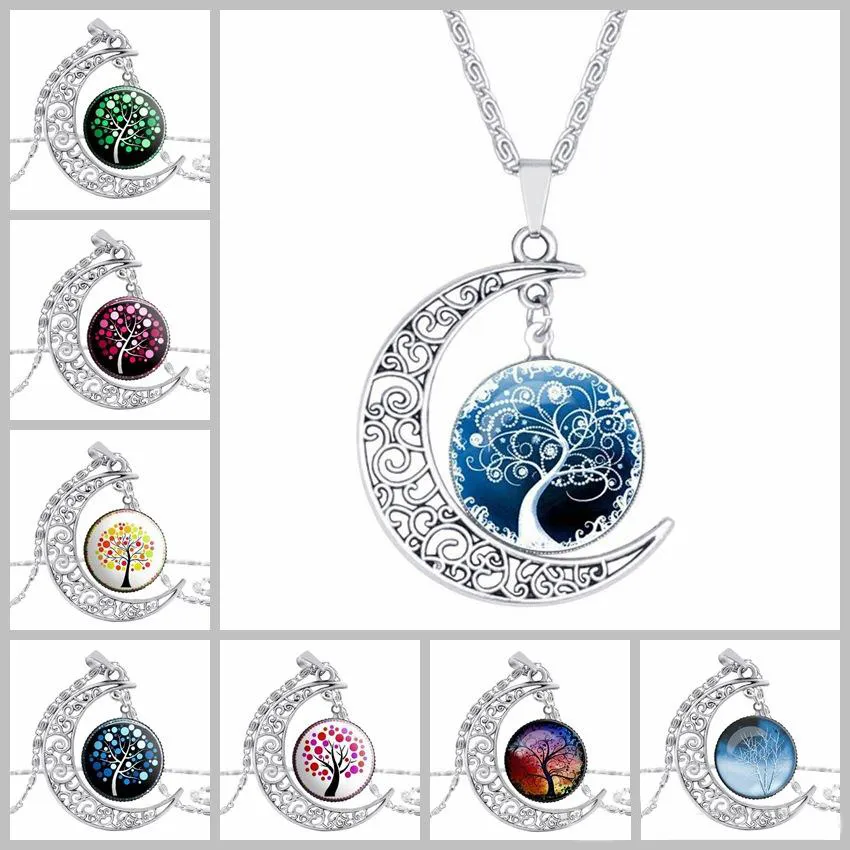 24 style Drzewo Życia Wisiorek Księżyc Naszyjniki Hollow Rzeźbione Crescent Cabochons Szkło Moonstone Charm Choker Chain Dla Kobiet Biżuteria