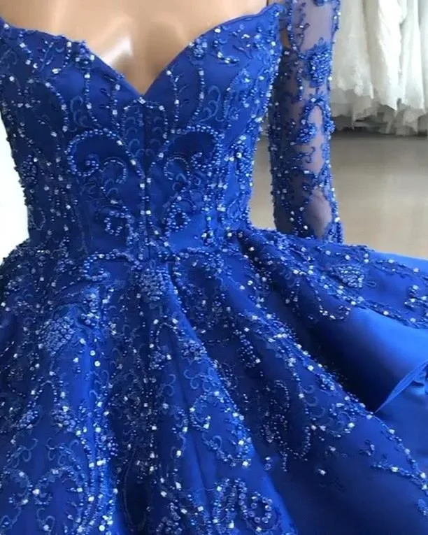 Formalne królewskie sukienki wieczorne zużycie 2020 Koronkowe aplikacje z długim rękawem Koraliki z balami plus rozmiar suknie balowe szatę de soiree sukienki na bal