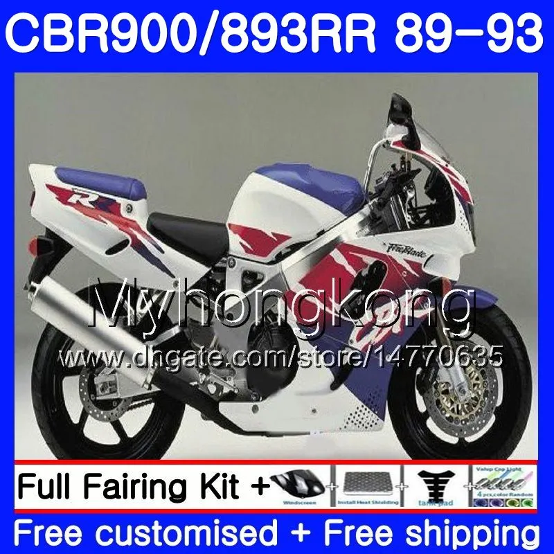 Bodys för Honda CBR 900RR Vit Blå Hot 893RR CBR900RR 1989 1990 1991 1992 1993 253HM.28 CBR893 CBR900 RR CBR893RR 89 90 91 92 93 FAIRING