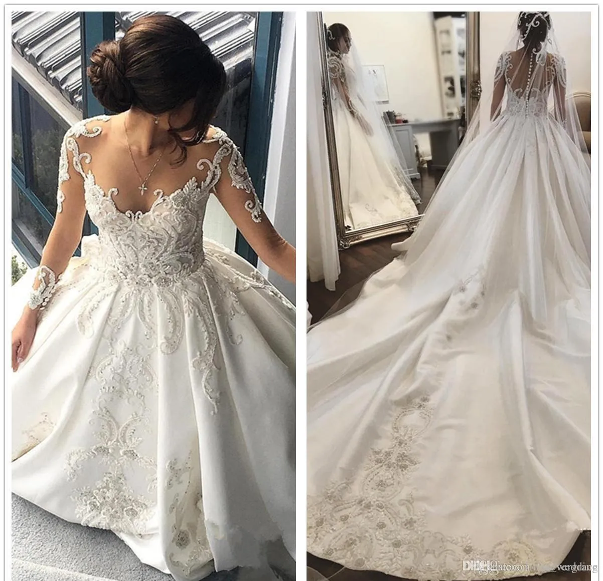 2019 Vintage Arabo Dubai Principessa Abito da sposa Sheer Maniche lunghe Appliques Pizzo Chiesa Formale Abito da sposa Plus Size Custom Made